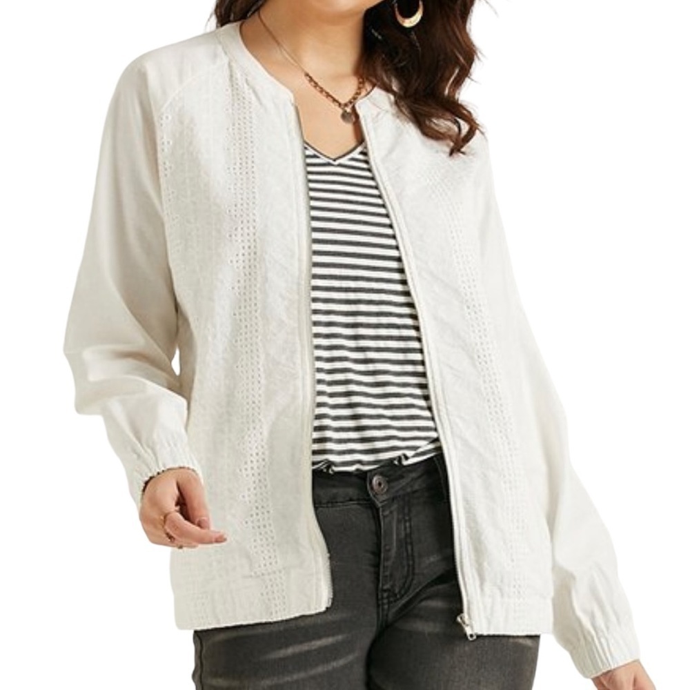Suzanne Betro Weekend White Eyelet Raglan Bomber Jacket